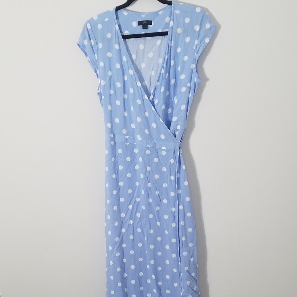 J. Crew Light Blue Polka Dot Midi True Wrap Dress